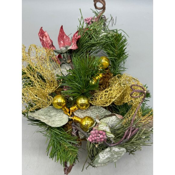 Festive Artificial Holiday Centerpiece with Gold Base Ribbon Used READ - Picture 2 of 5